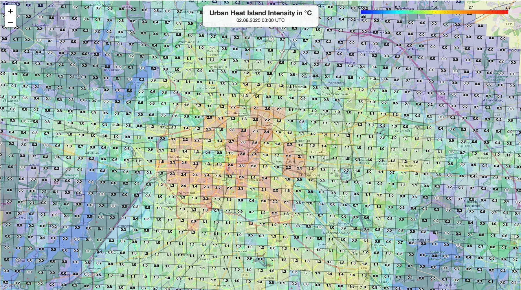 HOSTRADA-Darstellung der Übertemperatur im Stadtgebiet Berlin am 2. August 2025 um 03:00 Uhr