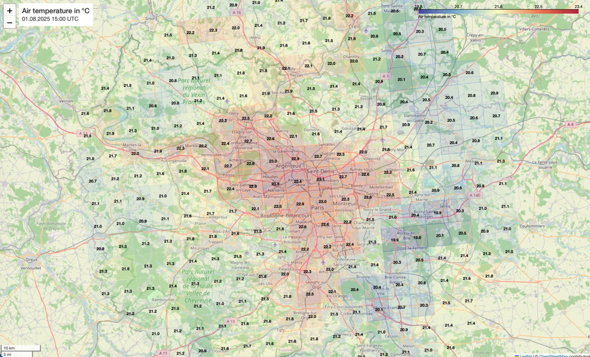 CERRA-Klimakarte der Außentemperaturverteilung im Großraum Paris am 1. August 2025 um 15:00 UTC